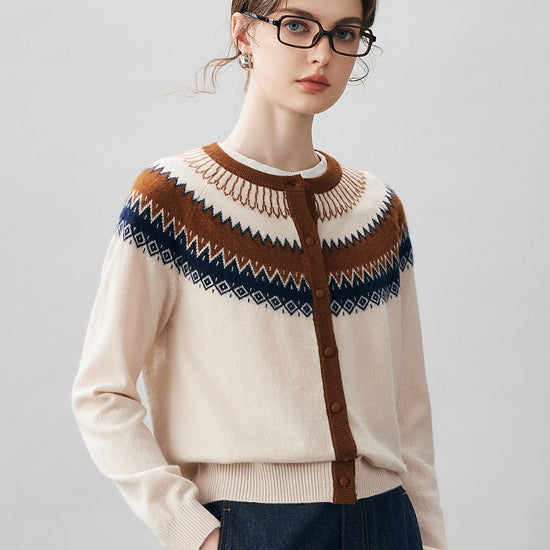 COMOBOCA 100% Cashmere Women's Fair Isle Button Front Cardigan