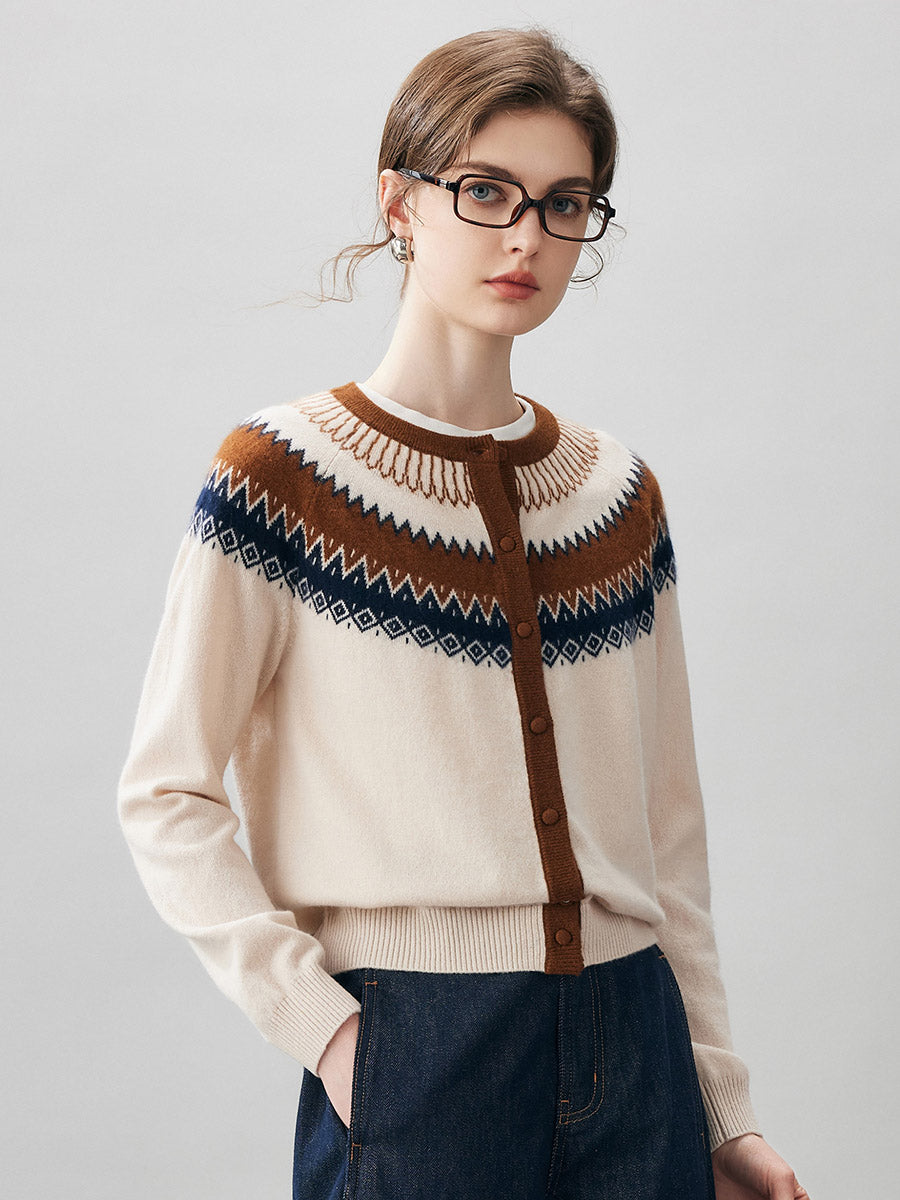 COMOBOCA 100% Cashmere Women's Fair Isle Button Front Cardigan