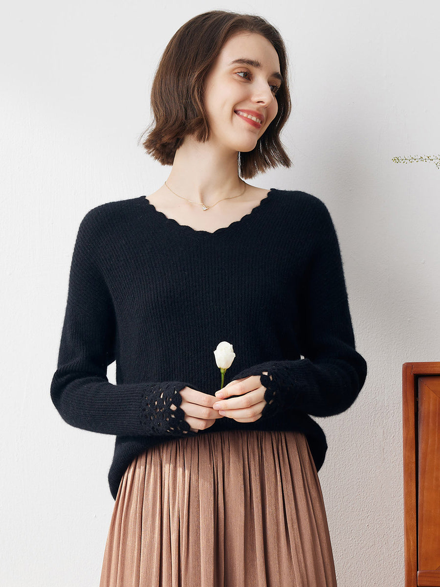COMOBOCA BLACK 100% Cashmere Women's V-Neck Loose Knit Sweater