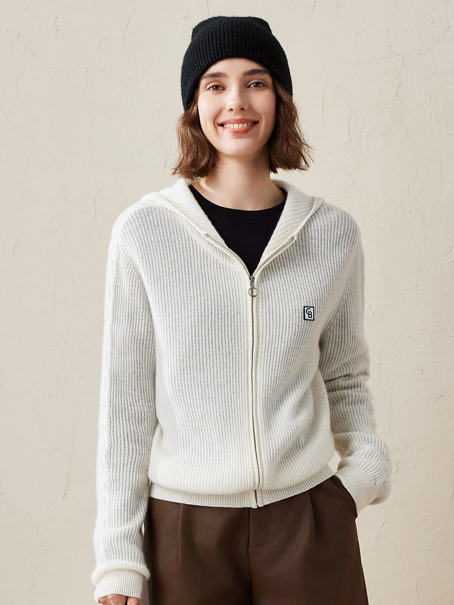 COMOBOCA White 100% Cashmere Women's Ribbed Zip Knit Cardigan Hoodie