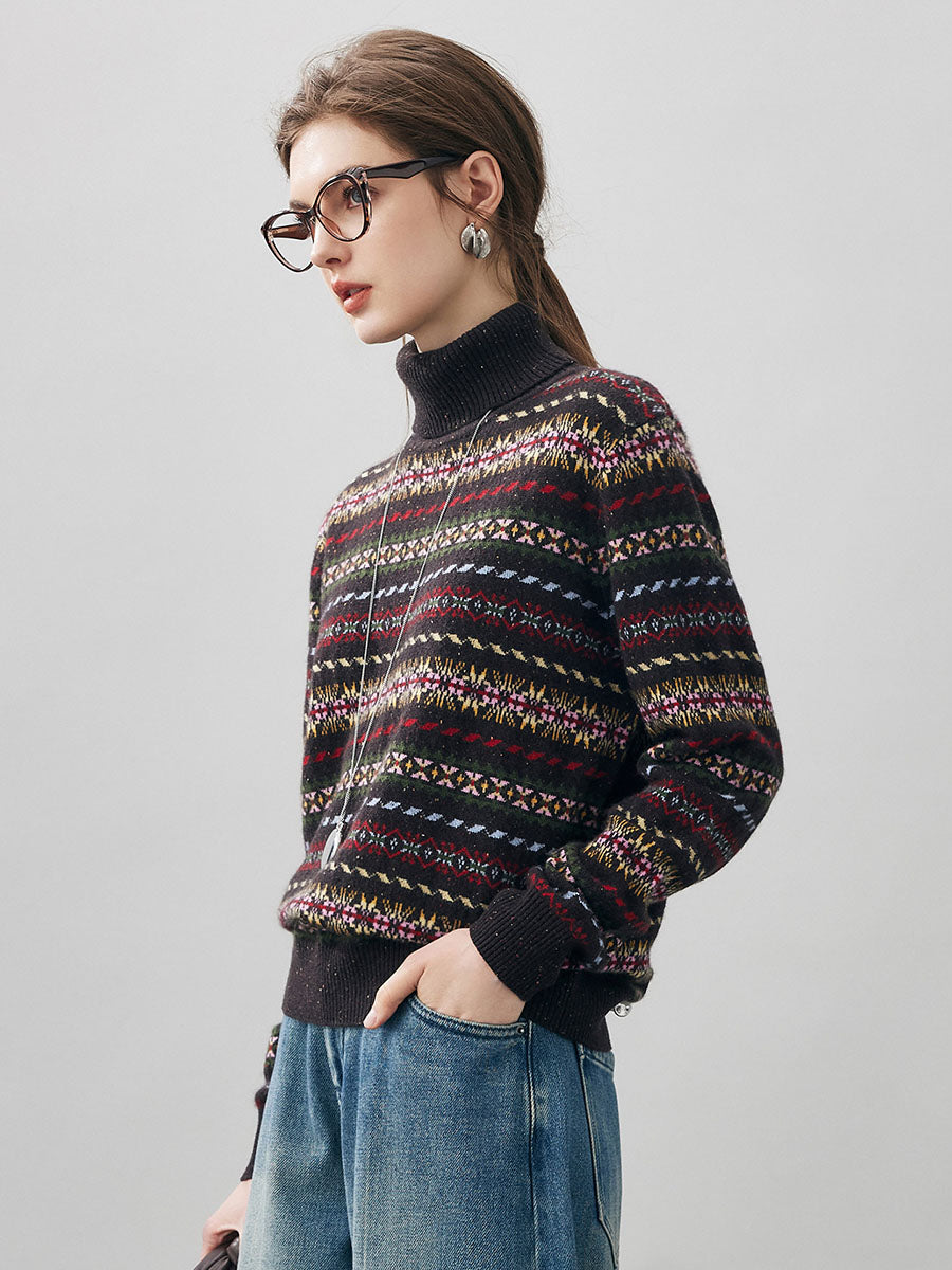 COMOBOCA 100% Cashmere Women's Fair Isle Turtleneck Sweater