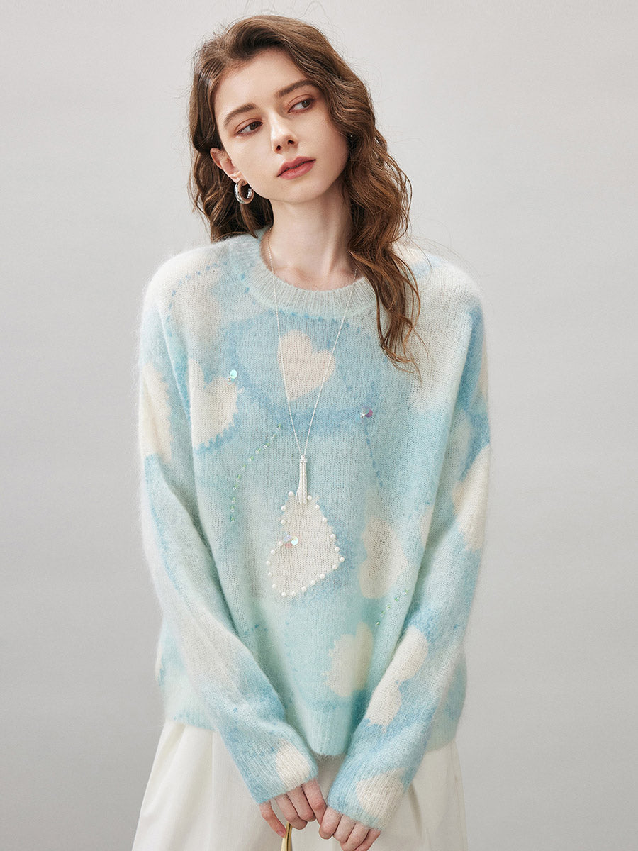 COMOBOCA Women's Heart Printed Round Neck Sweater