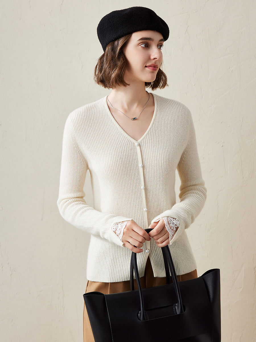 COMOBOCA White 100% Cashmere Women's Faux Button Sweater with Lace Cuff