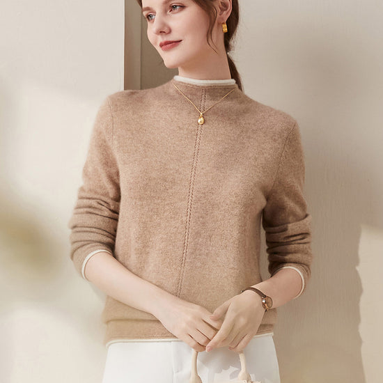 COMOBOCA Camel 100% Cashmere Women's Ribbed Contrast Trim Sweater