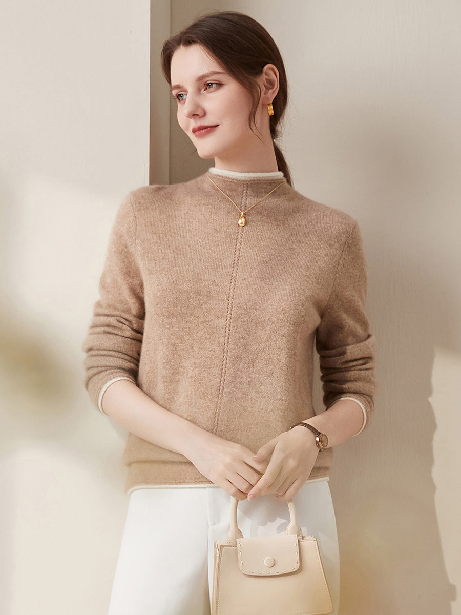 COMOBOCA Camel 100% Cashmere Women's Ribbed Contrast Trim Sweater
