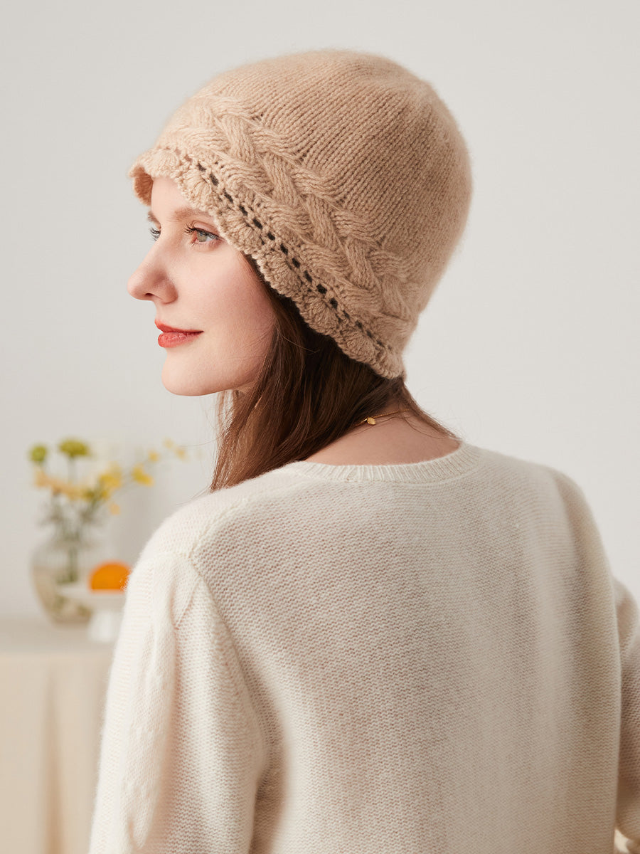 COMOBOCA 100% Cashmere Women's Crochet Trim Cable Knit Beanie