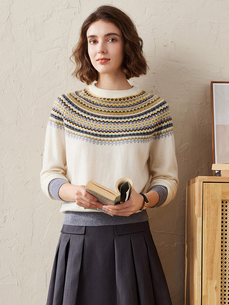 COMOBOCA White 100% Cashmere Women's Fair Isle Knit Sweater