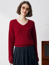 COMOBOCA DEEP RED 100% Cashmere Women's V-Neck Loose Knit Sweater