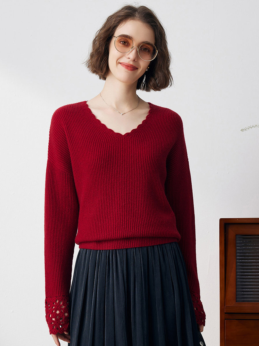 COMOBOCA DEEP RED 100% Cashmere Women's V-Neck Loose Knit Sweater