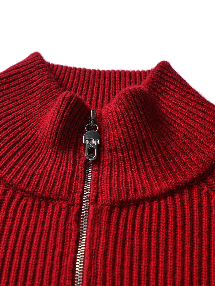 COMOBOCA 100% Wool Women's Half-High Neck Zip Cardigan