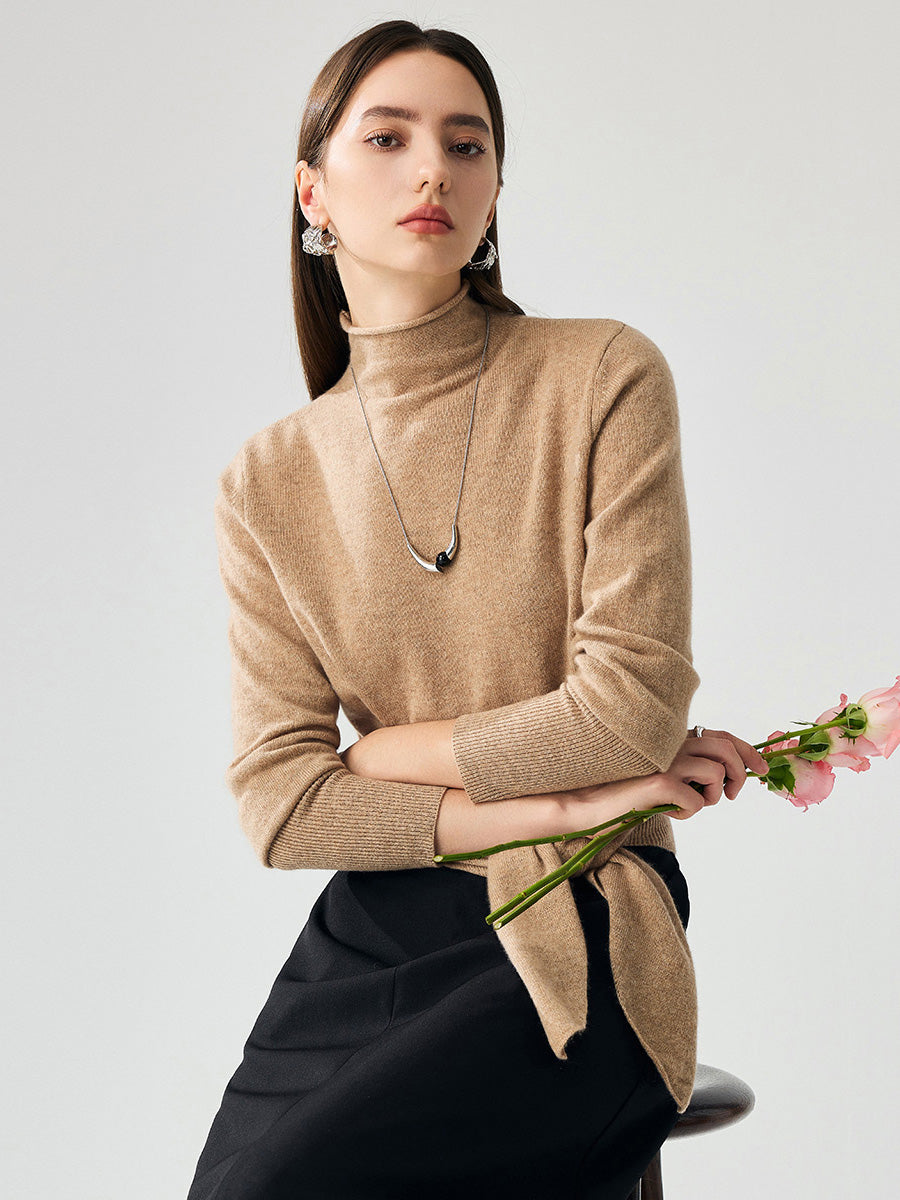 COMOBOCA 100% Cashmere Women's Mock Neck Tie-Waist Sweater
