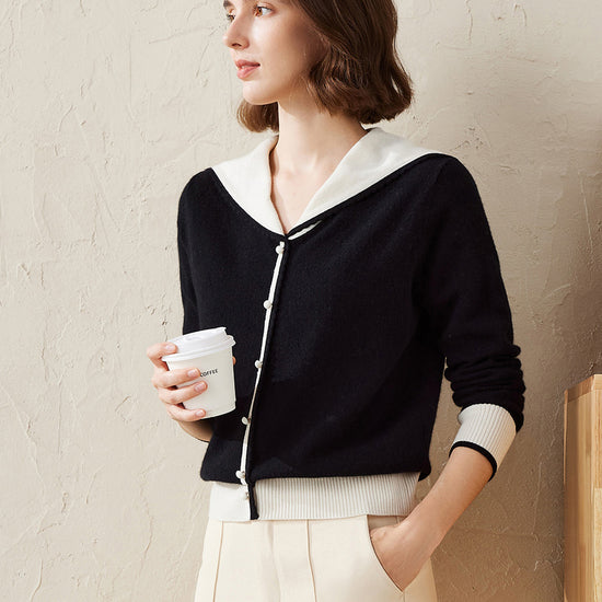 COMOBOCA 100% Cashmere Women's Sailor Collar Faux Cardigan