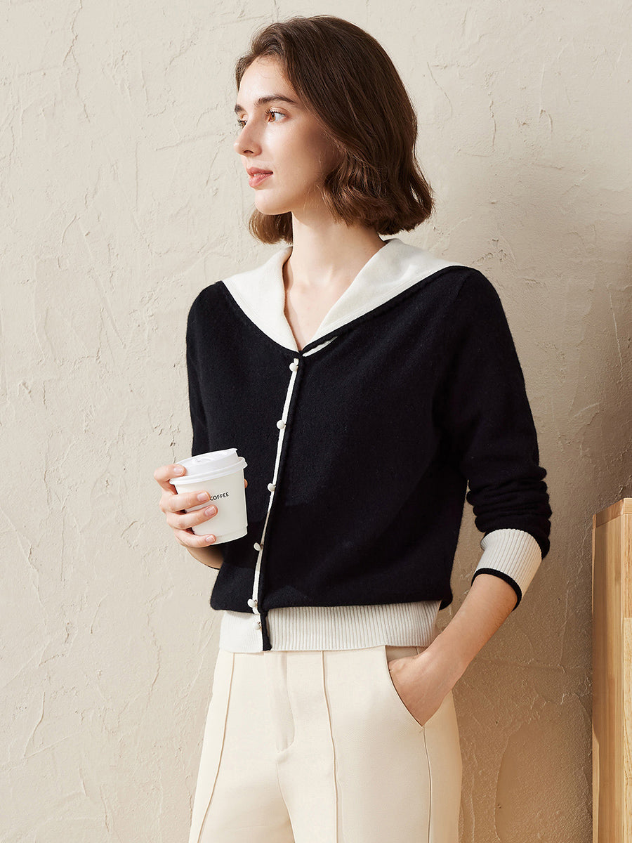 COMOBOCA 100% Cashmere Women's Sailor Collar Faux Cardigan