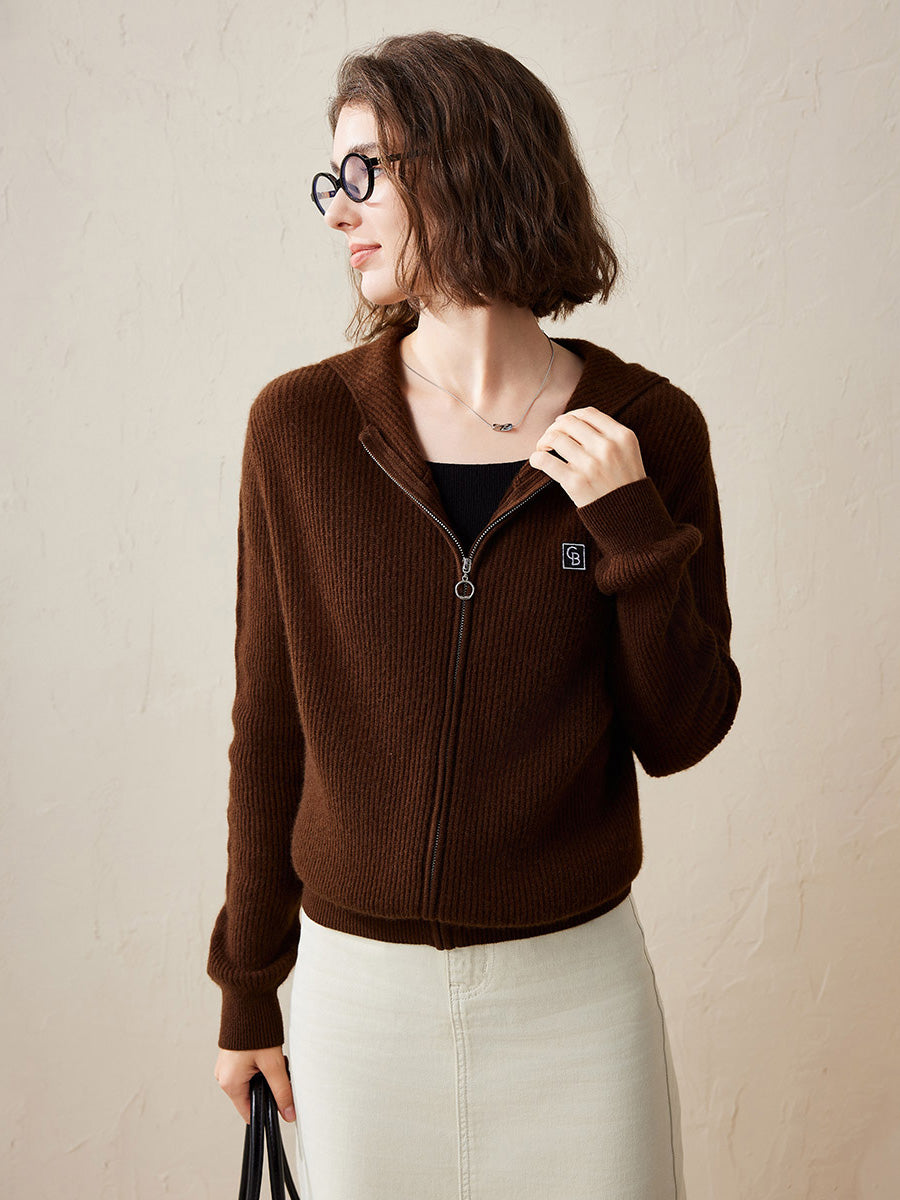 COMOBOCA Brown 100% Cashmere Women's Ribbed Zip Knit Cardigan Hoodie