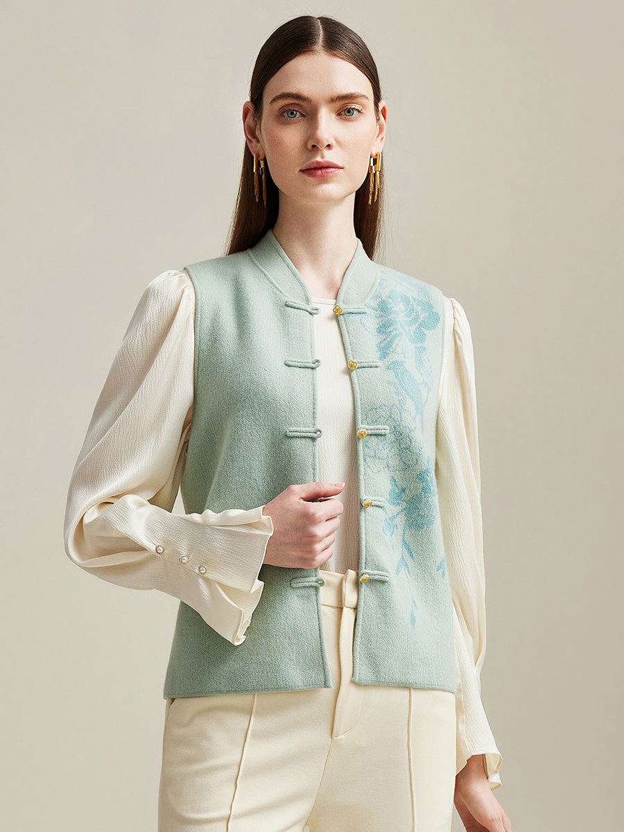 COMOBOCA Light Green 100% Cashmere Womens Intricate Embroidered Vest