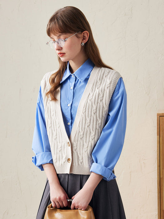 COMOBOCA White 100% Wool Women's Cable Knit Button-Front Vest