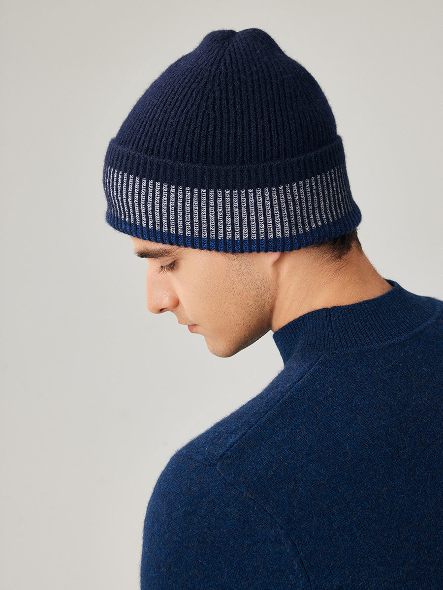 COMOBOCA 100% Wool Men's Striped Ribbed Knit Beanie