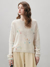 COMOBOCA Women's Sequined Floral Printed Round Neck Sweater