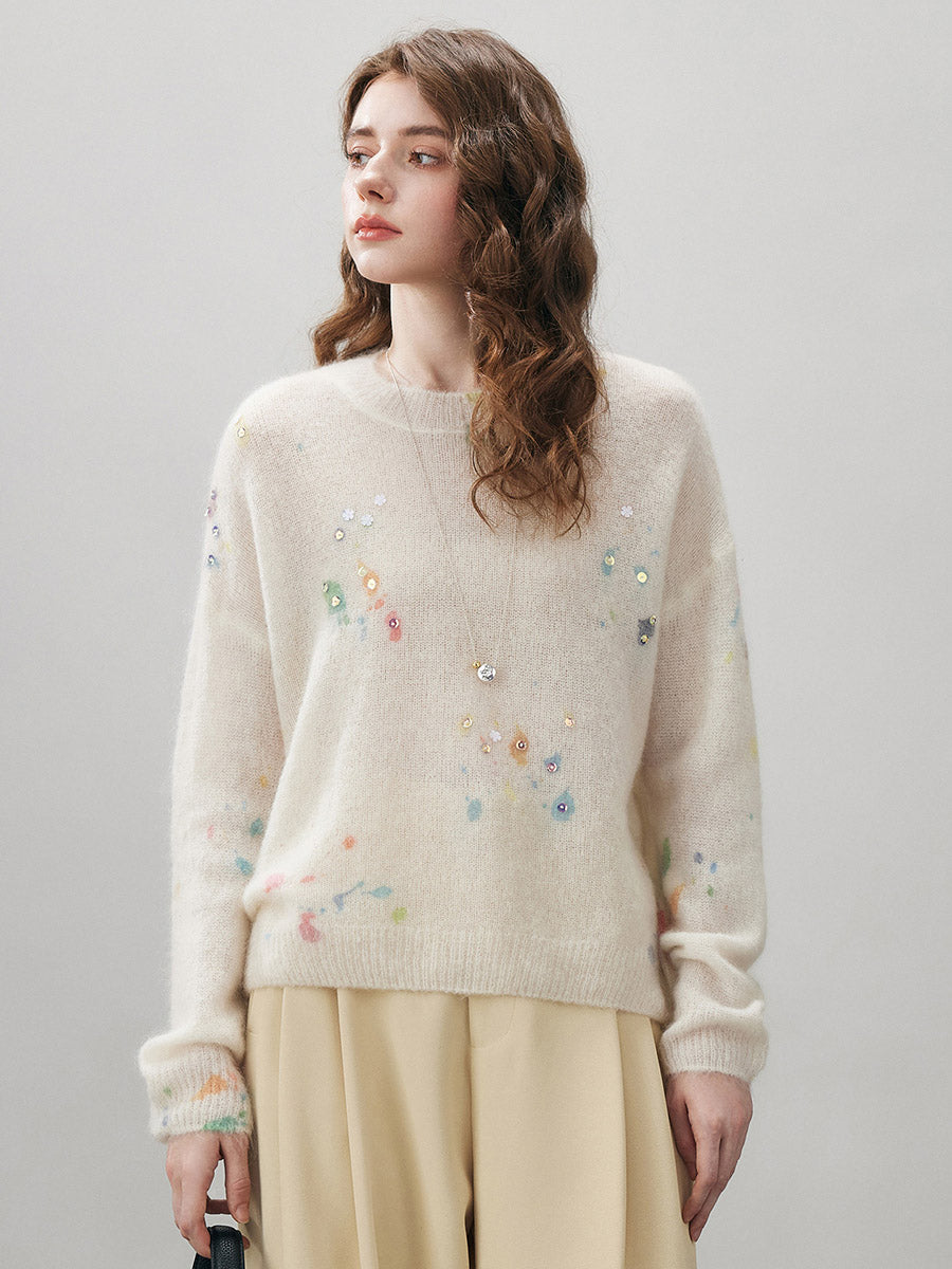COMOBOCA Women's Sequined Floral Printed Round Neck Sweater