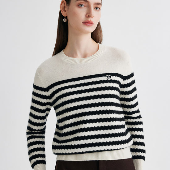 COMOBOCA Striped 100% Cashmere Women's Striped Round Neck Sweater
