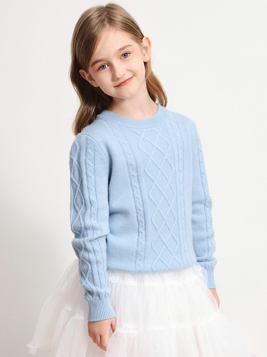 COMOBOCA LIGHT BLUE 100% Wool Kids' Ribbed Round Neck Sweater