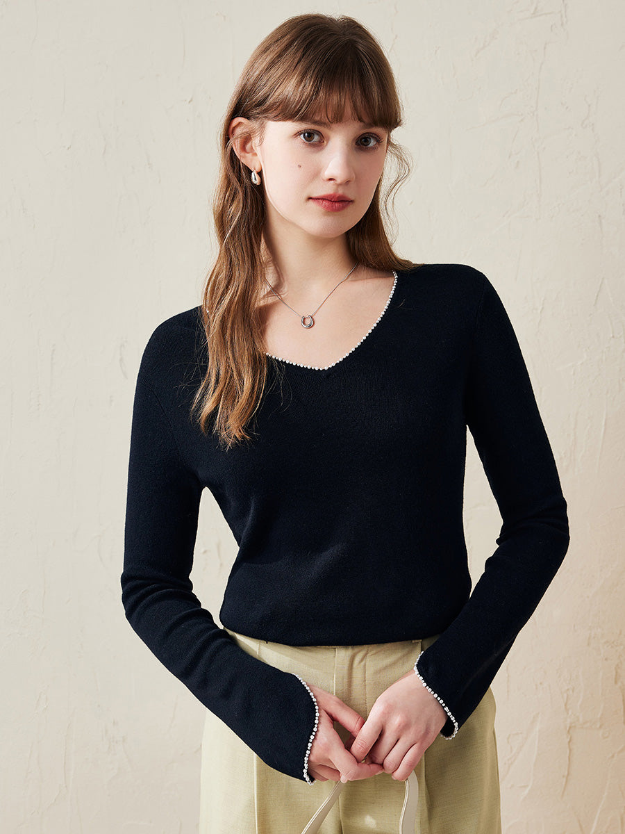 COMOBOCA Black 100% Wool Women's V-Neck With Pearl Accents Sweater