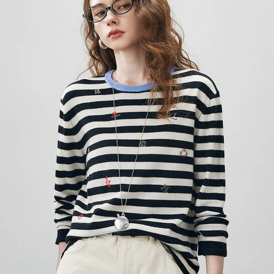 COMOBOCA Striped 100% Wool Women's Striped Embroidered Sweater