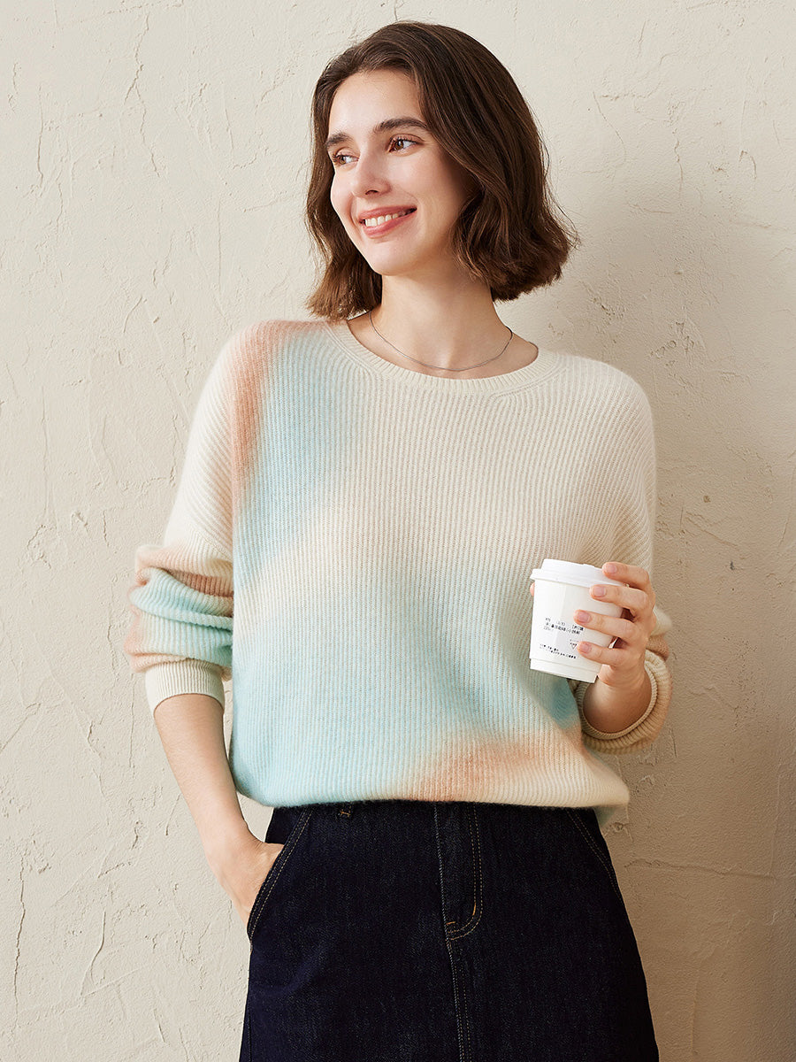 COMOBOCA Blue 100% Cashmere Women's Gradient Color Knit Sweater