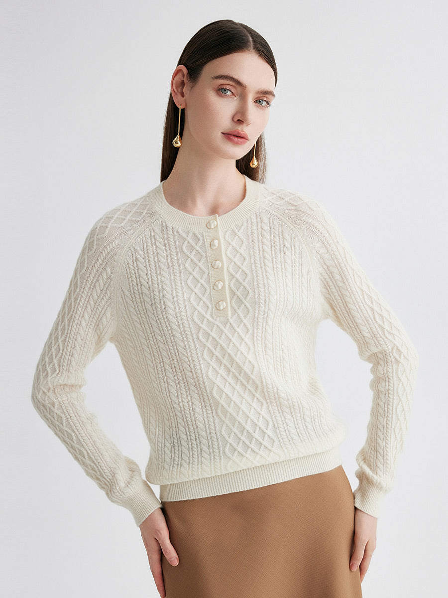 COMOBOCA 100% Cashmere Women's Cable Knit Button Front Sweater