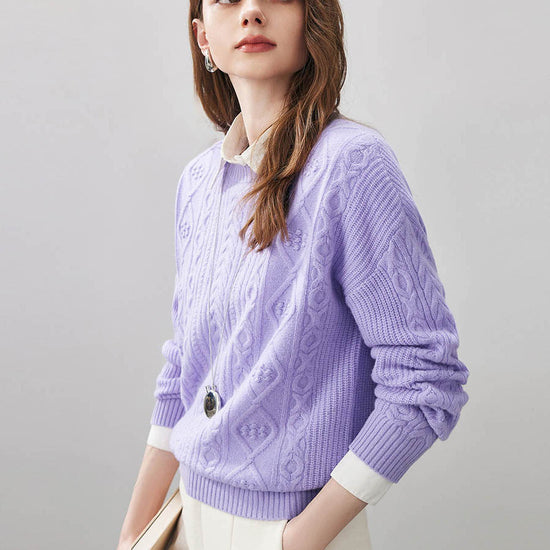 COMOBOCA 100% Wool Women's Cable Round Neck Knit Sweater