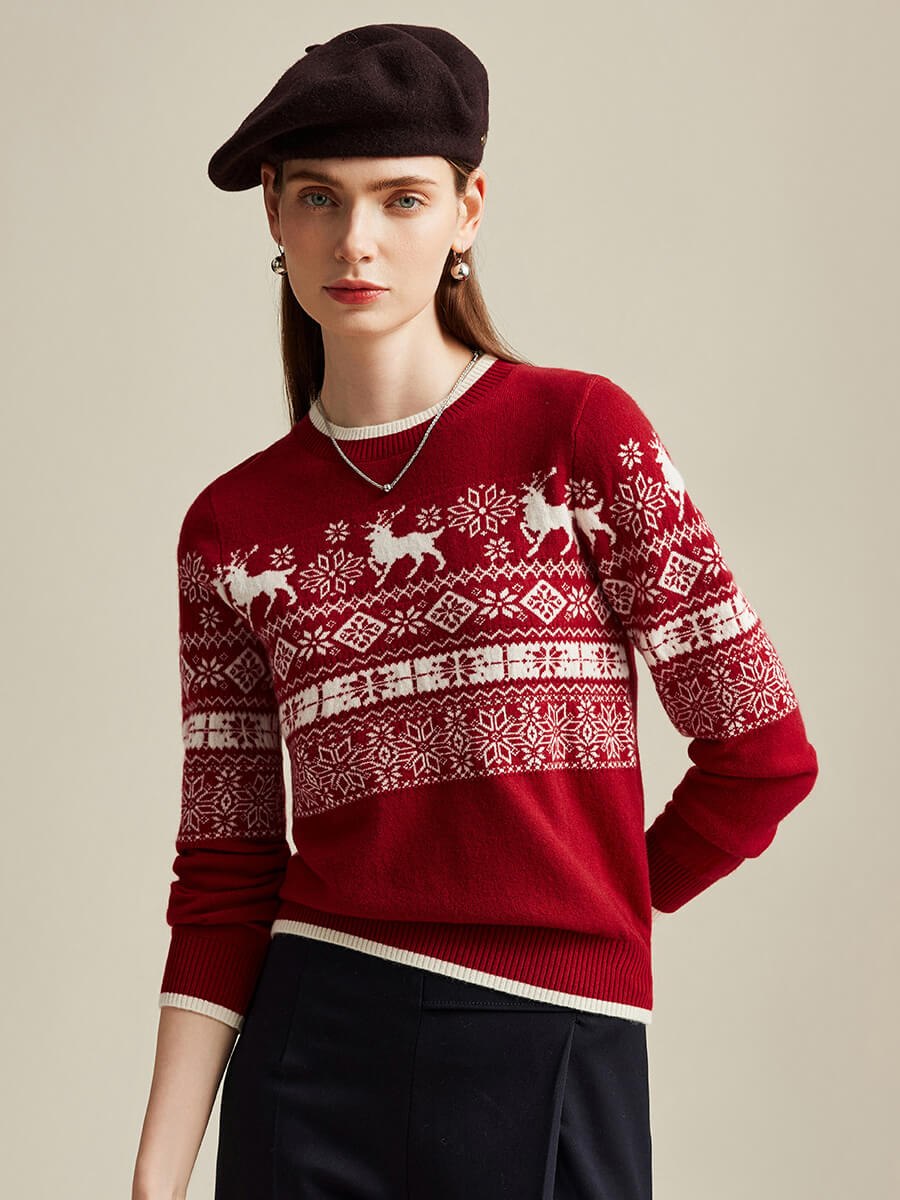 COMOBOCA 100% Cashmere Women's Nordic Reindeer Knit Sweater