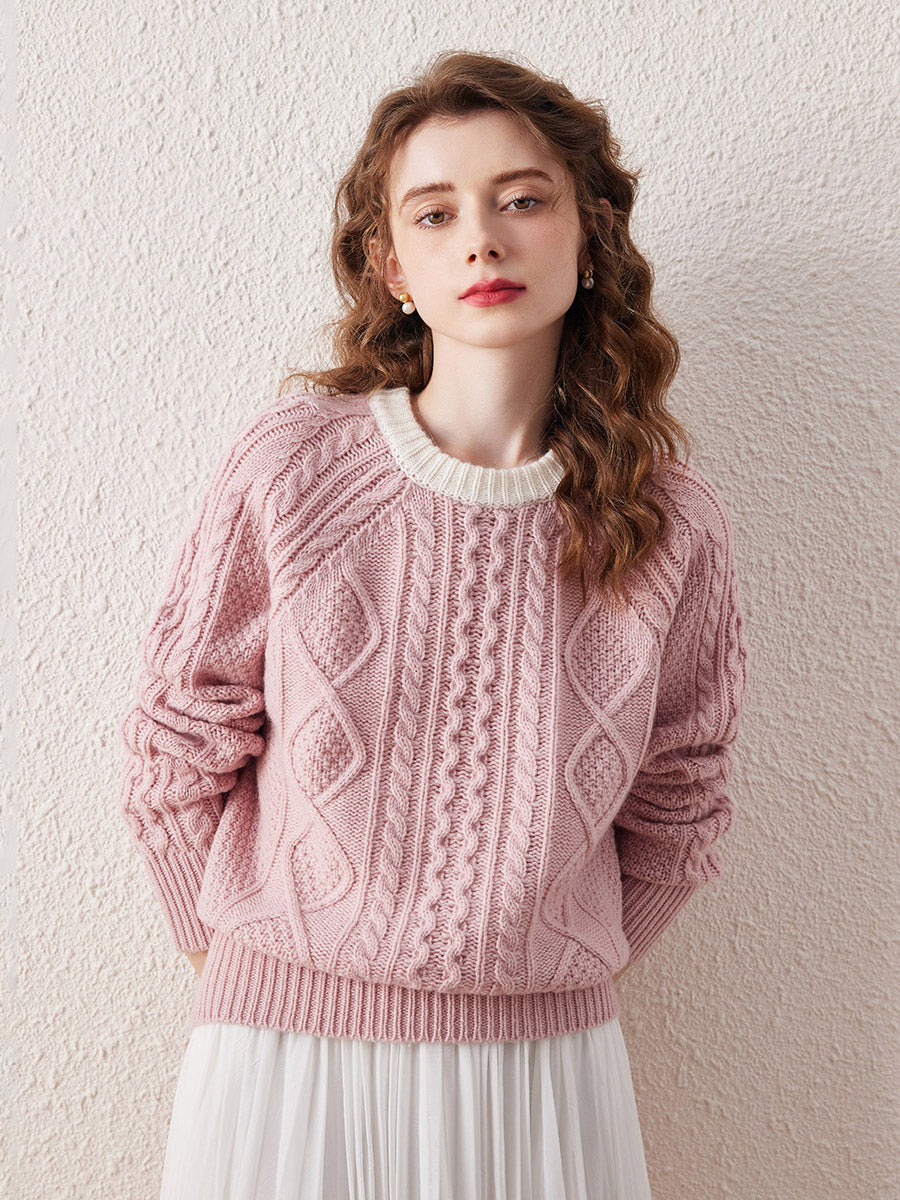 COMOBOCA Pink 100% Wool Women's Contrast Color Cable Knit Sweater