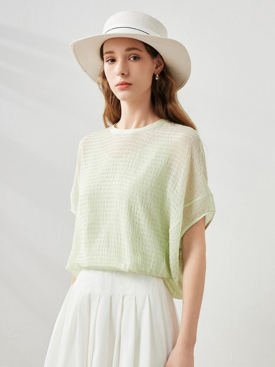 COMOBOCA Women's Crinkle Textured Blouse with Button Closure