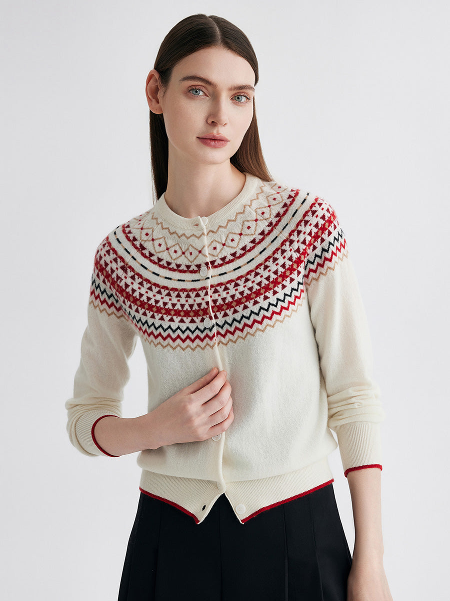 COMOBOCA 100% Cashmere Women's Fair Isle Button Front Cardigan