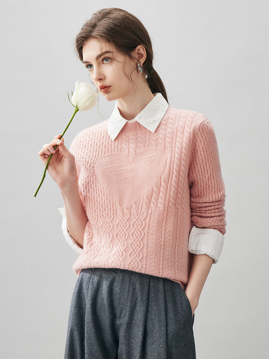 COMOBOCA 100% Cashmere Women's Cable Heart Patterned Knit Sweater