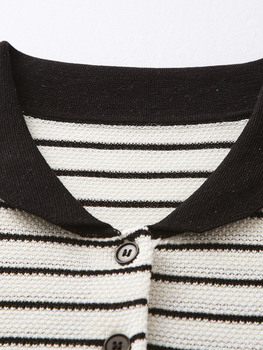COMOBOCA Women's Cotton Silk Striped Knit Polo Shirt