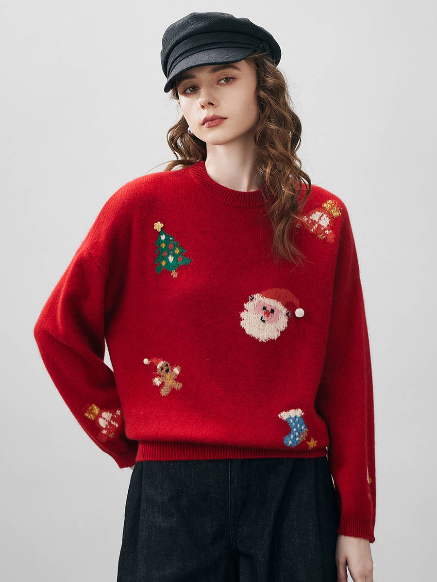 COMOBOCA Deep Red Women's Wool Christmas Themed Round Neck Sweater