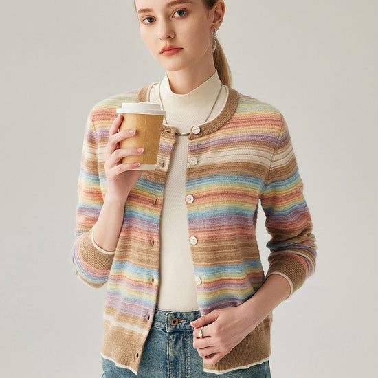 COMOBOCA 100% Cashmere Women's Striped Button Down Cardigan
