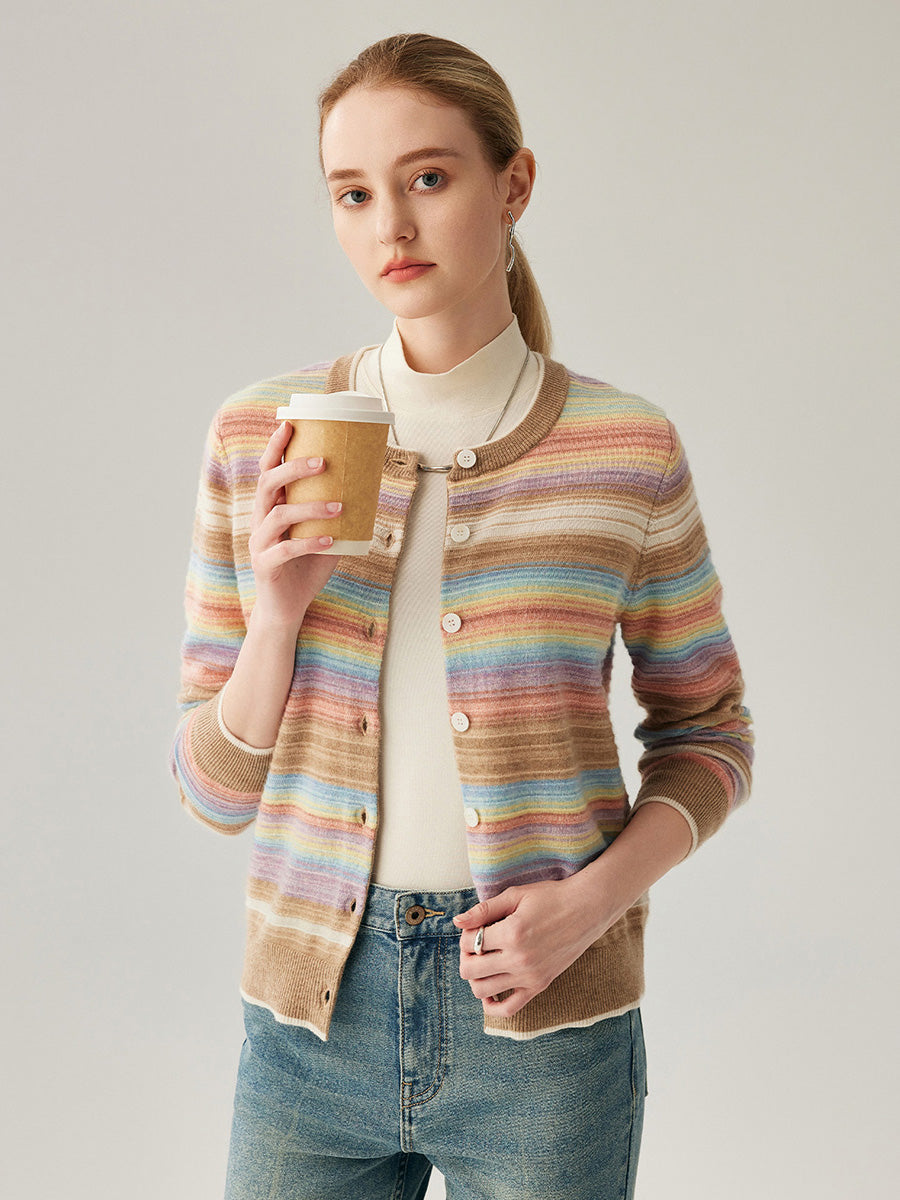 COMOBOCA 100% Cashmere Women's Striped Button Down Cardigan