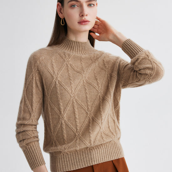 COMOBOCA Camel 100% Cashmere Women's Cable Knit Mock Neck Sweater