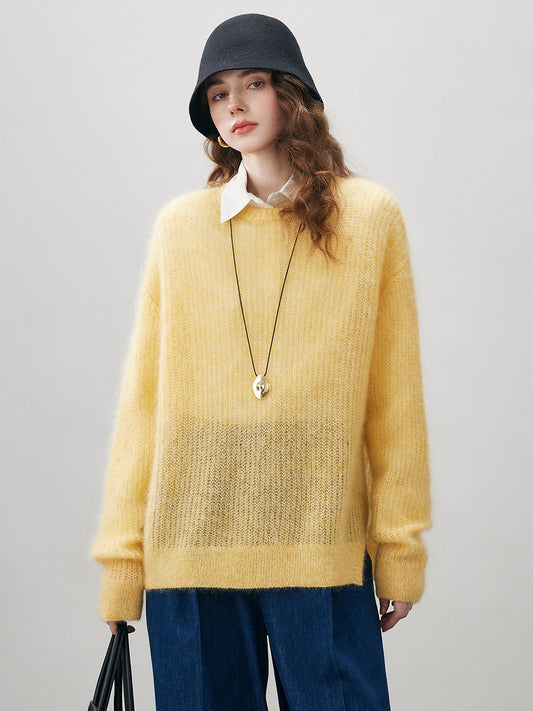 COMOBOCA M Light Yellow Women's Mohair Sheer Knit Round Neck Sweater