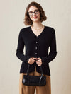 COMOBOCA Black 100% Cashmere Women's Faux Button Sweater with Lace Cuff