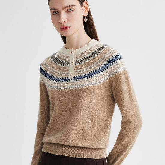 COMOBOCA 100% Cashmere Women's Fair Isle Henley Neck Sweater