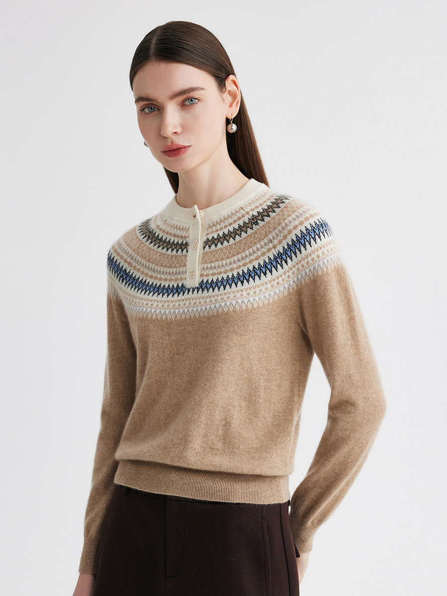 COMOBOCA 100% Cashmere Women's Fair Isle Henley Neck Sweater