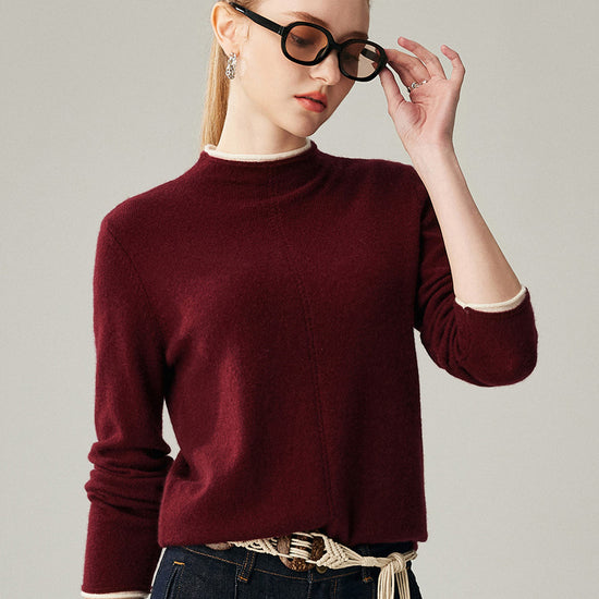 COMOBOCA 100% Cashmere Women's Ribbed Contrast Trim Sweater