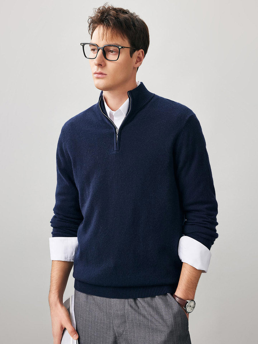 COMOBOCA 100% Cashmere Men's Half Zip Mock Neck Sweater