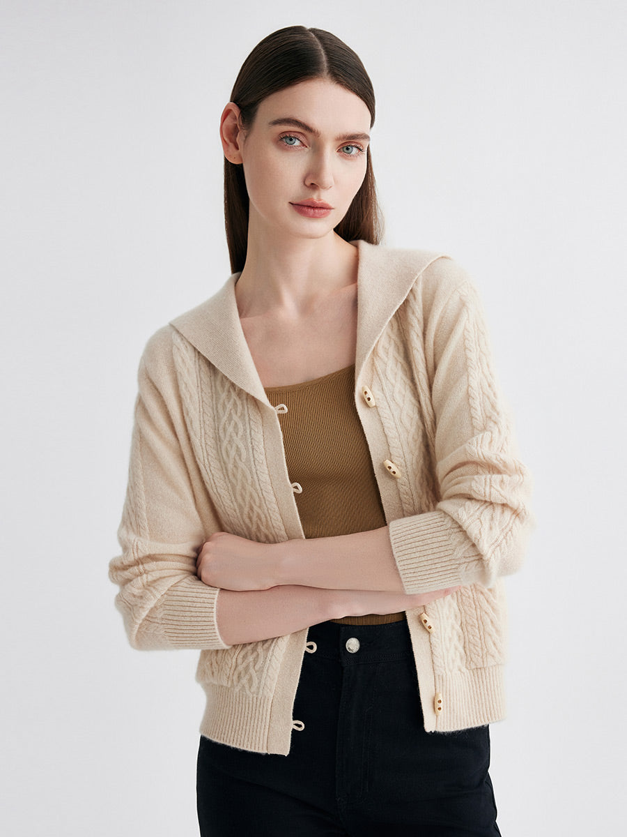 COMOBOCA 100% Cashmere Women's Sailor Collar Cable Knit Cardigan