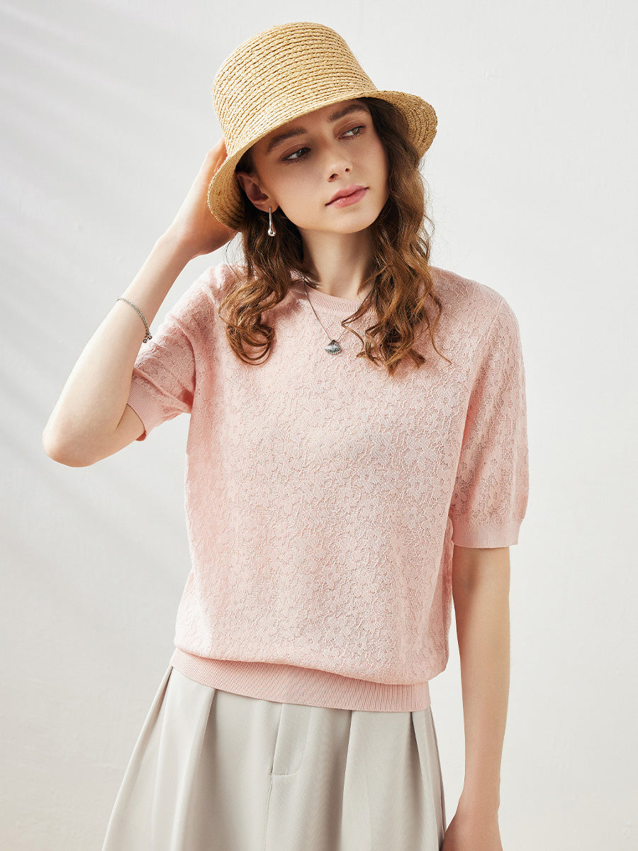 COMOBOCA Women's Cotton Silk Versatile Floral Lace Knit T-Shirt