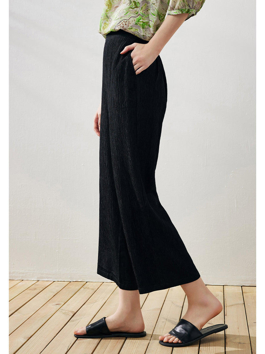 COMOBOCA Women's Elastic Waistband Crinkled Wide Leg Pants