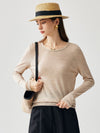 COMOBOCA Beige Women's Rhinestone Detail Crewneck Knit Sweater
